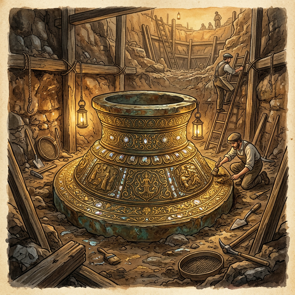 Remarkable 3,200-Year-Old 'Sanxingdui' Bronze Spirit-Tree Base with Mother-of-Pearl Inlays Unearthed in Pit No. 13