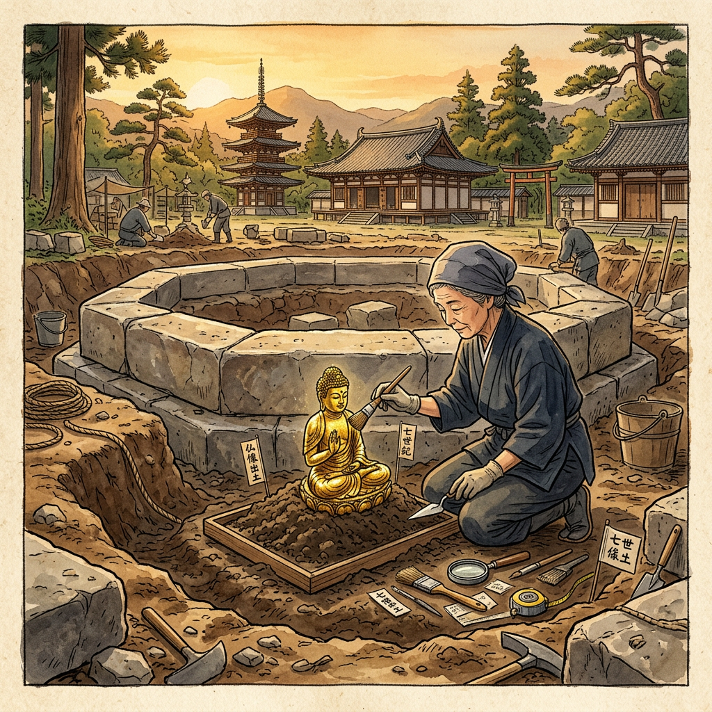 Rare 7th-Century 'Asuka-Period' Hexagonal Temple Foundation with Intact 'Gilded-Copper' Shaka Triad Discovered in Nara, Japan