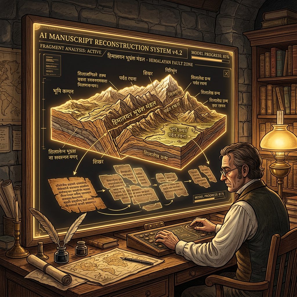 AI-Driven Decipherment of 9th-Century 'Sharada' Script Fragments Unveils Lost Sanskrit Treatises on the Calculation of Tectonic Displacement Rates