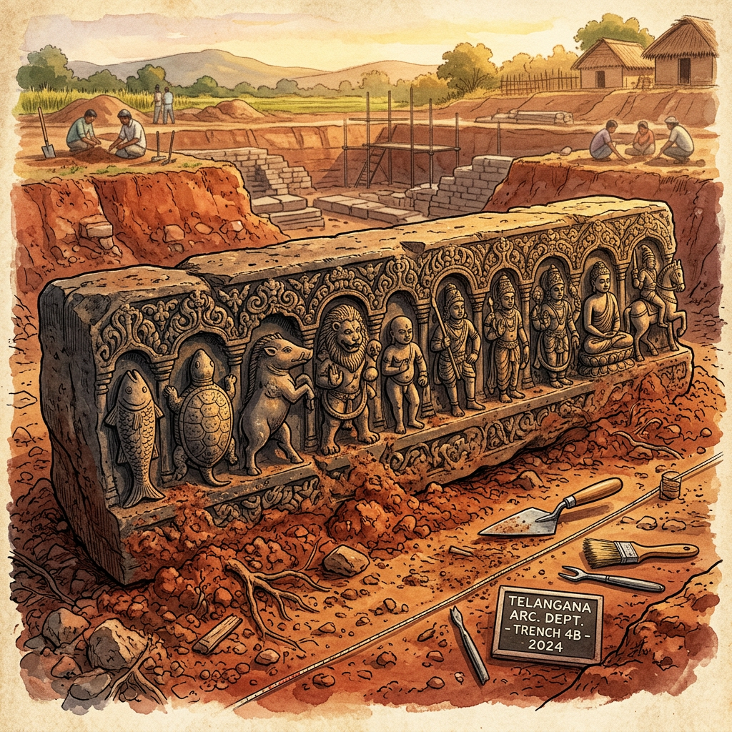 Unique 11th-Century 'Kalyani Chalukya' Vishnu Temple with Intact 'Dashavatara' Lintel Discovered in Telangana