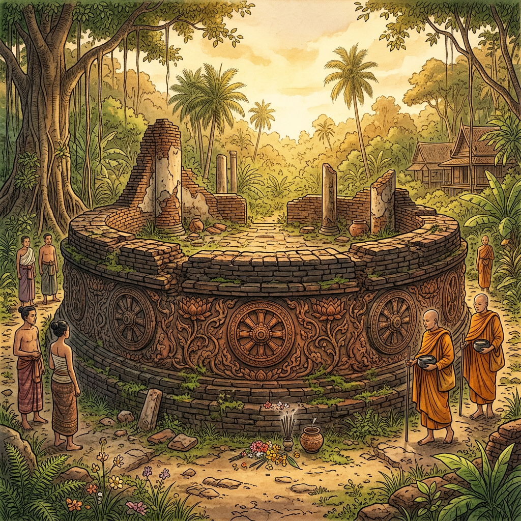 9th-Century Dvaravati-Style Circular Temple with Intact 'Dharmachakra' Reliefs Found in Thailand's Phetchaburi