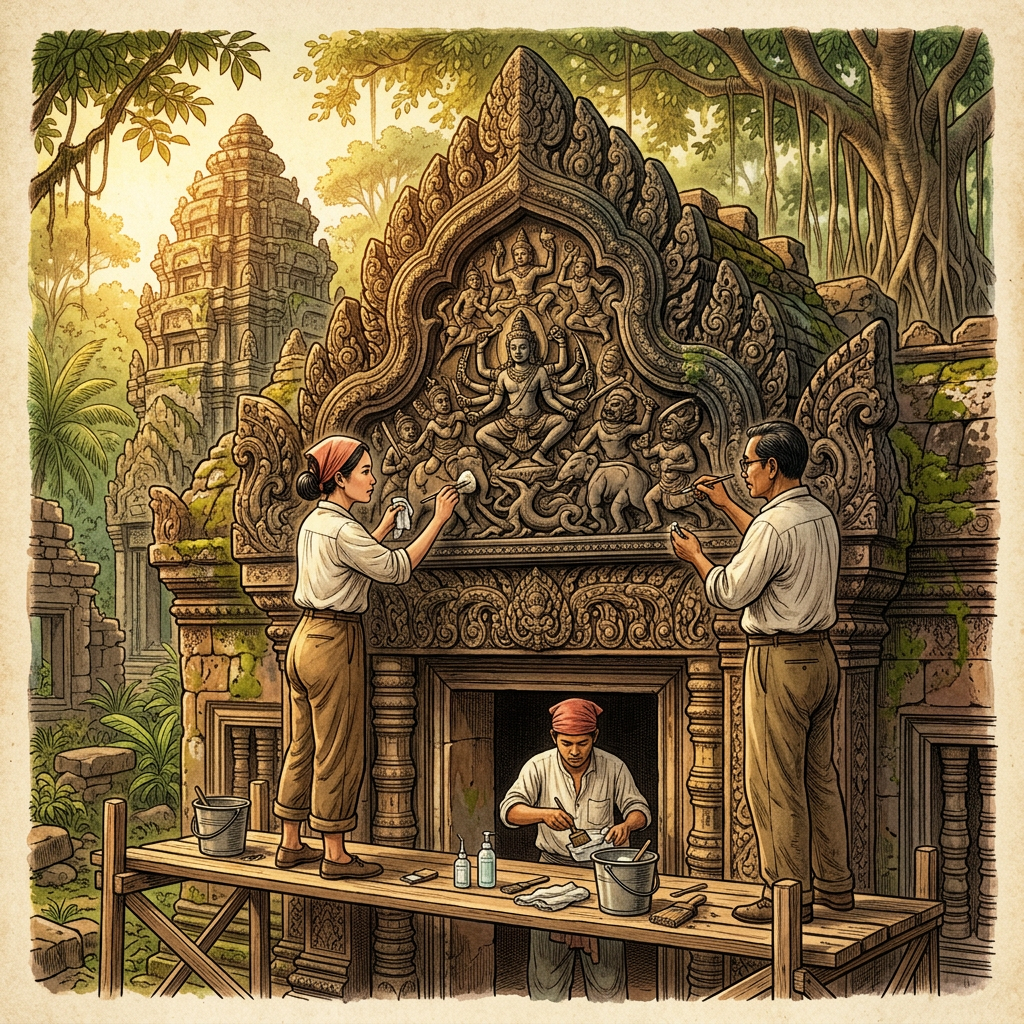 Restoration of 12th-Century 'Bayon-Style' Buddhist Shrine in Thailand's Surin Province Uncovers Rare Sandstone Lintel