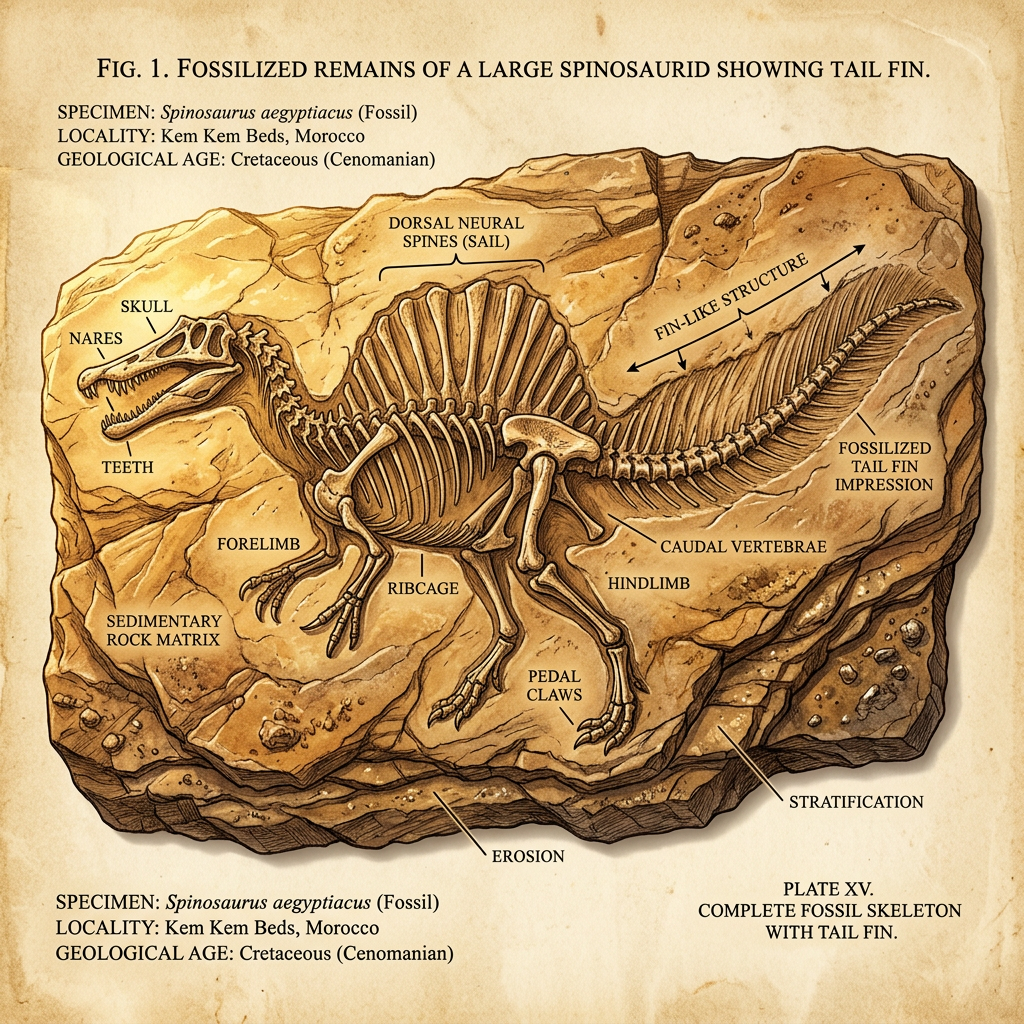 Massive 120-Million-Year-Old 'Cretaceous' Spinosaurid Fossil with Intact Tail-Fin Impressions Discovered in the Araripe Basin, Brazil