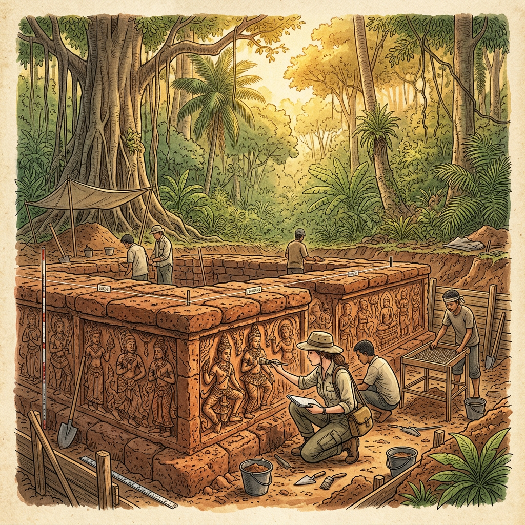 8th-Century 'Dvaravati' Era Buddhist Temple Ruins Featuring Rare Copper-Inlaid Terracotta Panels Discovered in Thailand’s Phitsanulok Province