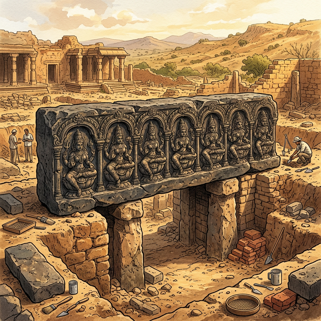 11th-Century 'Later-Seuna' Dynasty Temple Ruins with Rare 'Ashta-Matrika' Stone Lintels Discovered in Rural Beed, Maharashtra