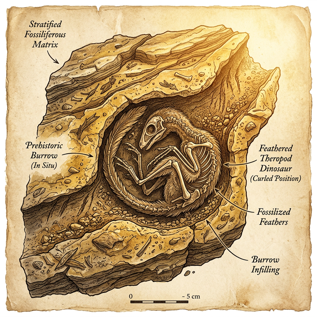 Fossilized Remains of a 165-Million-Year-Old 'Feathered Burrowing-Ornithopod' with Intact Nesting Burrows Discovered in the Jura Mountains
