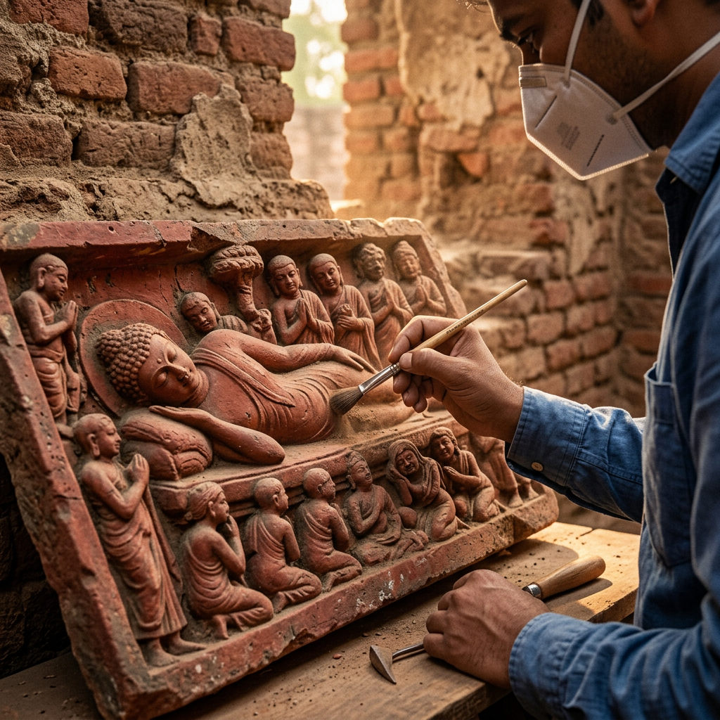 Restoration of 12th-Century 'Pala' Dynasty Monastery in Bihar Reveals Hidden Terracotta 'Mahaparinirvana' Panels