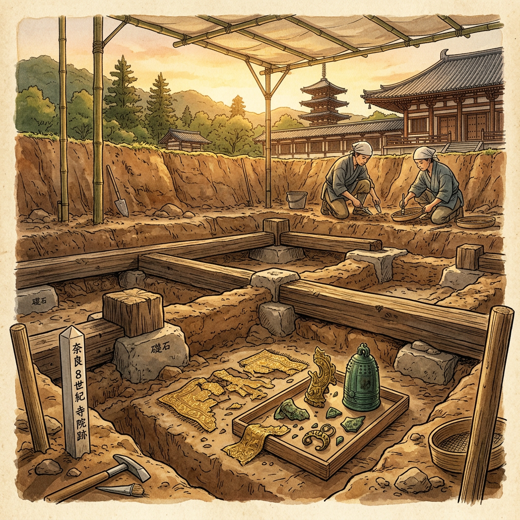Rare 8th-Century 'Nara-Period' Buddhist Temple Foundation Featuring Intact 'Gilded-Silk' Votive Offerings Uncovered in Nara, Japan