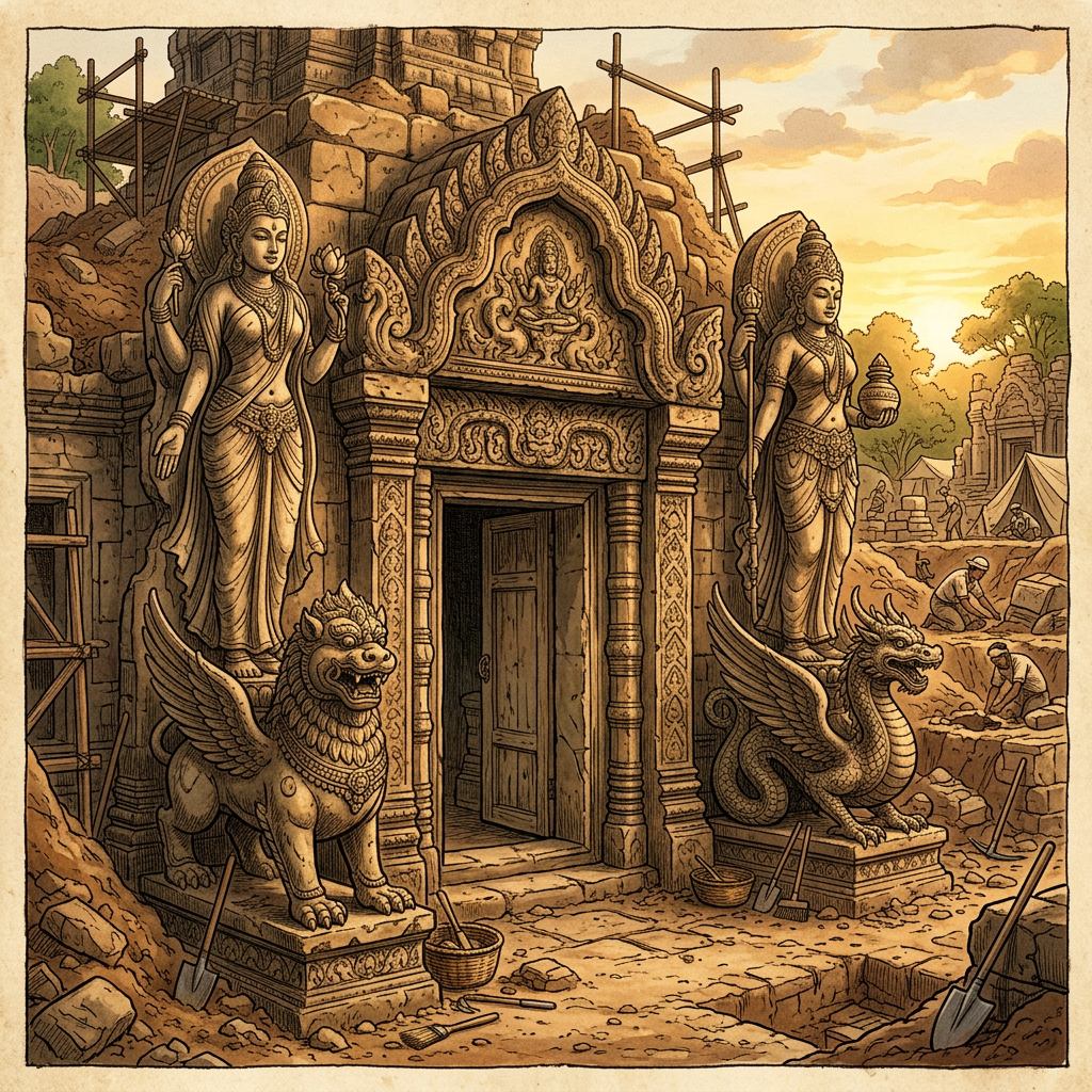 Significant 5th-Century 'Vakataka' Era Temple Ruins Featuring Rare 'Ganga-Yamuna' River Goddess Statuary Uncovered in Eastern Maharashtra