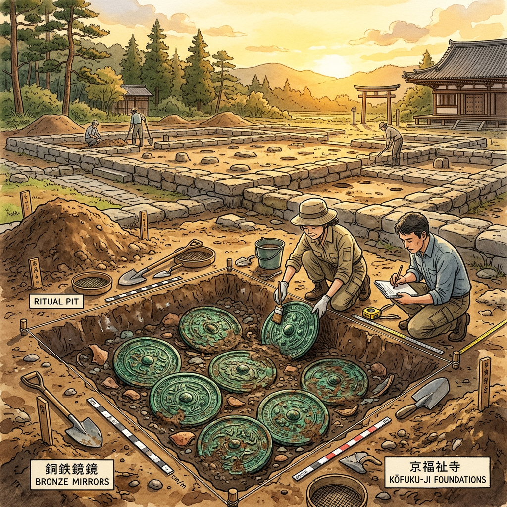 Rare 8th-Century 'Nara-Period' Temple Foundation Featuring Intact 'Bronze-Mirror' Votives Uncovered in Fukuoka, Japan
