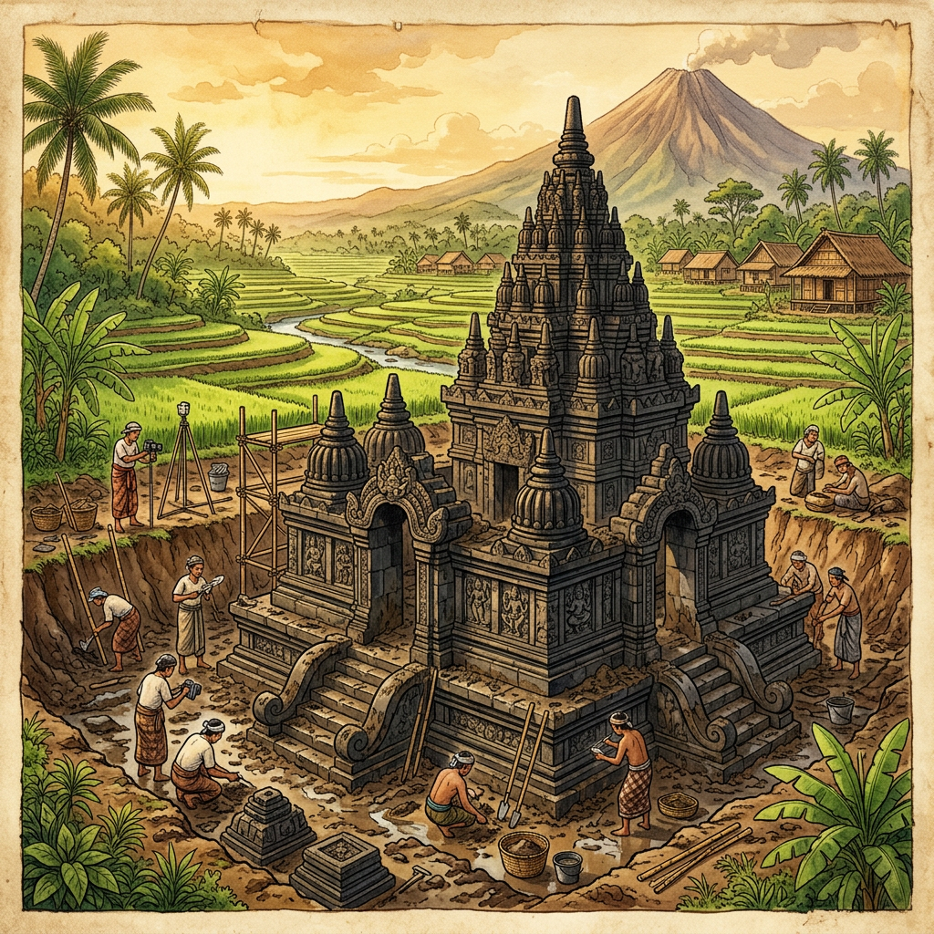 Ancient 8th-Century 'Early-Mataram' Dynasty Hindu Temple Complex Uncovered Beneath Rice Paddies in Central Java's Klaten Region