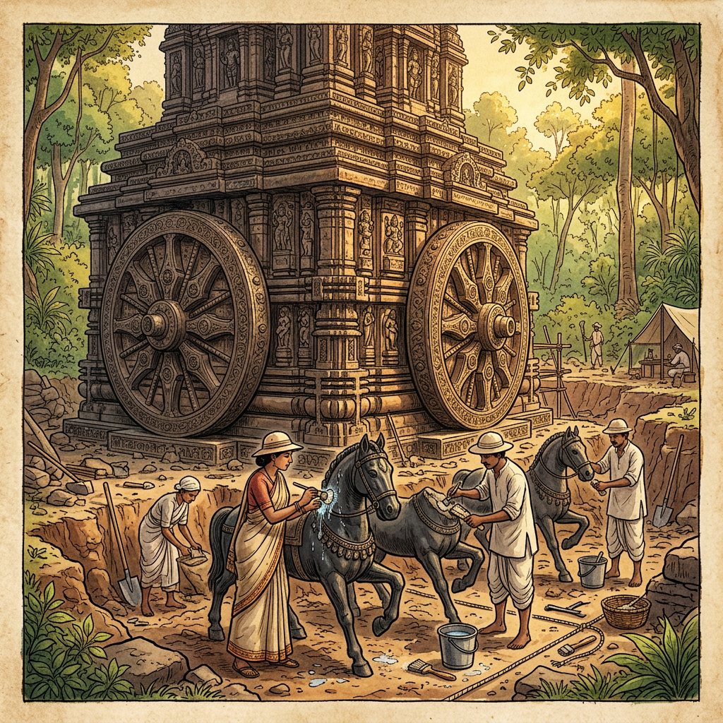 Significant 10th-Century 'Kalachuri-of-Tripuri' Era Sun Temple Foundation with Intact 'Sudarshana' Stone Wheels Uncovered in Eastern Madhya Pradesh