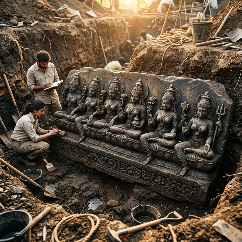 Significant 8th-Century 'Bhauma-Kara' Dynasty Temple Ruins with Rare 'Ashta-Matrika' Mother Goddess Carvings Discovered in Rural Jajpur, Odisha