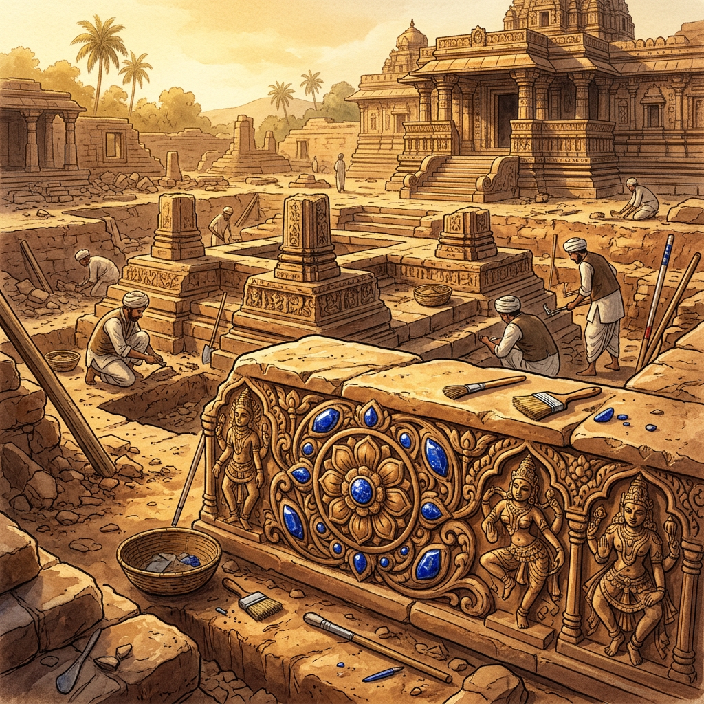 Significant 8th-Century 'Gurjara-Pratihara' Style Temple Foundations with Rare 'Lapis-Inlaid' Friezes Discovered in Rural Alwar, Rajasthan