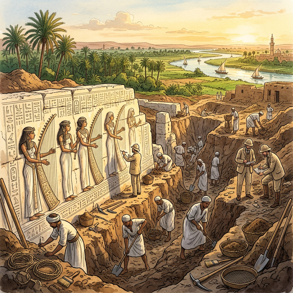 Archaeologists Unearth 1,600-Year-Old 'Temple of the Singing Goddess' Meret in Egypt’s Nile Delta Featuring Intact Lapis-Inlaid Harps